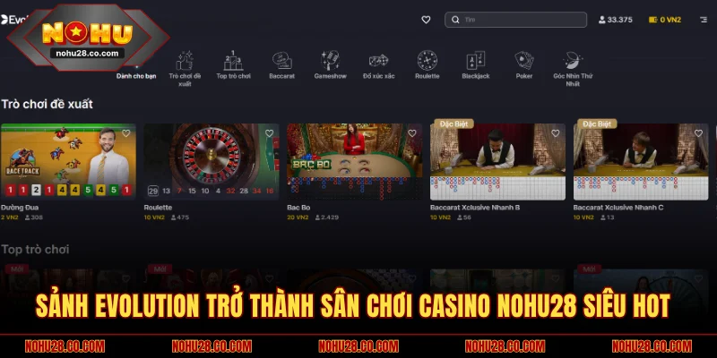 Sảnh Evolution trở thành sân chơi casino NOHU28 siêu hot